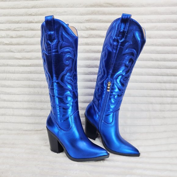 Metallic Western Knee High Cowgirl Cowboy Boots - Royal Blue Cobalt Blue - Picture 12 of 16
